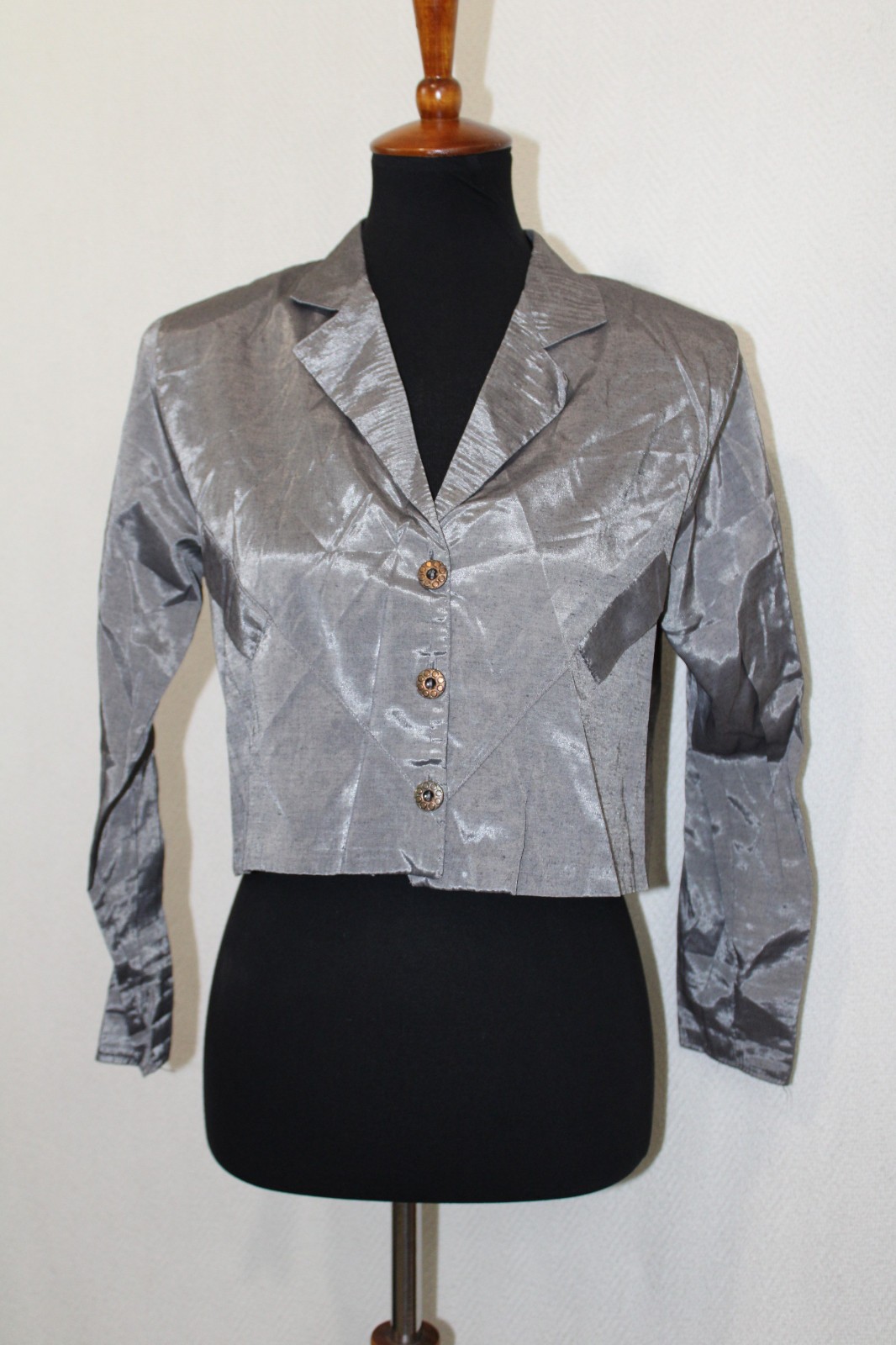 Vtg Kelly Fashion Sz M Silver Satin Buttoned Crop Bolero Jacket Shoulder Pads