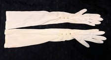 Vintage Women's Long White Hand Gloves Evening Wear 3 Faux Pearl Bead Closure