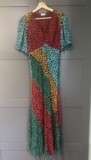 Rixo London Amber Printed Silk Midi Dress Size Small V Necked Puff Sleeve 