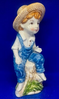 Vintage Young Famer Boy Straw Hat Blue Overalls Sitting Stump Porcelain Figurine