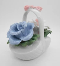 Porcelain Basket Of Multicolor Flowers 3.5" Vintage Figurine Ben Franklin Stores