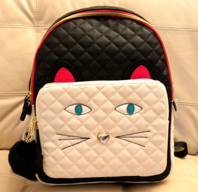 NEW WT Betsey Johnson Large Quilted Cat Face Backpack Black  display picture 3