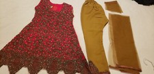 Pakistani/Indian Girl's Red and Gold Embroidered Chiffon Suit, Multiple Sizes