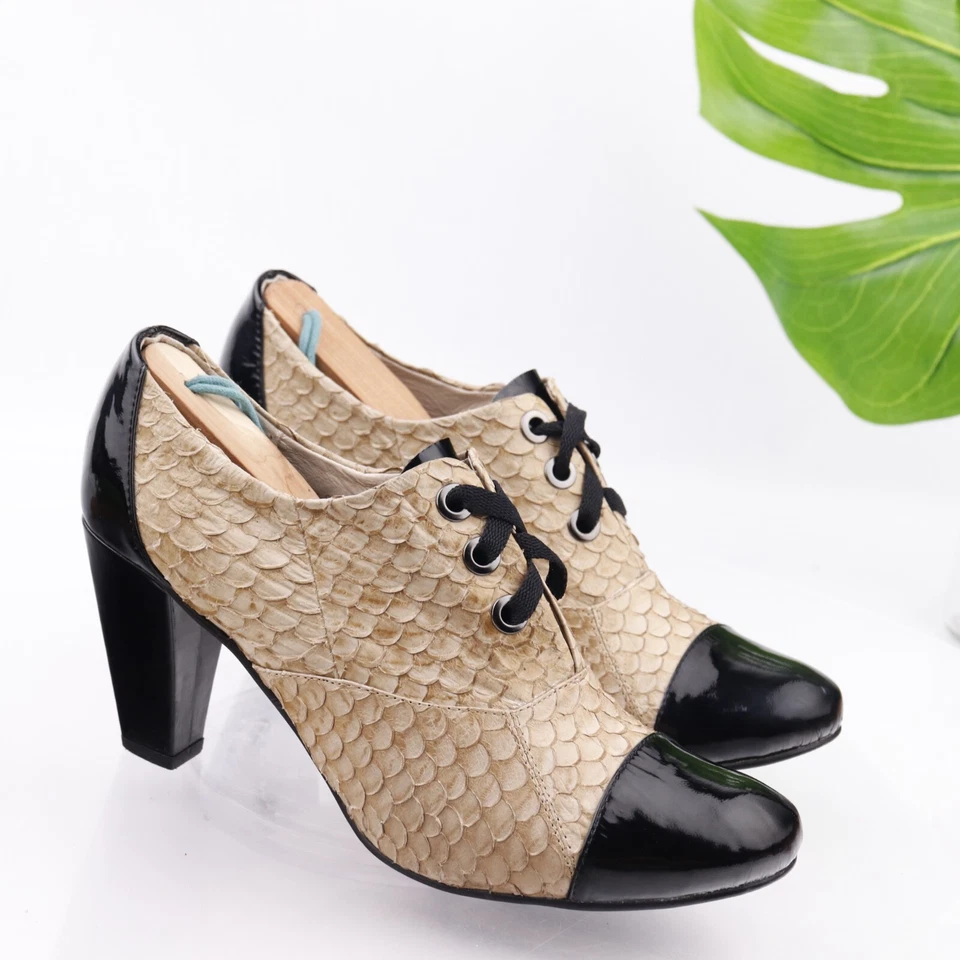 ALL-BLACK Women's Pump Oxford Size 40.5 10 Block Heel Tan Snakeskin Cap Toe Shoe - Image 2 of 4