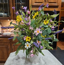 French Country Farmhouse Wildflowers in White Metal Milk Can, Faux Floral Decor