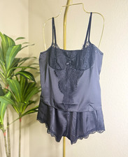 Women s Blue Solid Lace Trim Camisole Shorts Set Size S Adjustable Straps