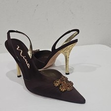 Nina Brown satain Slingback Heels with Gold Rhinestones Embellishments Size 8M