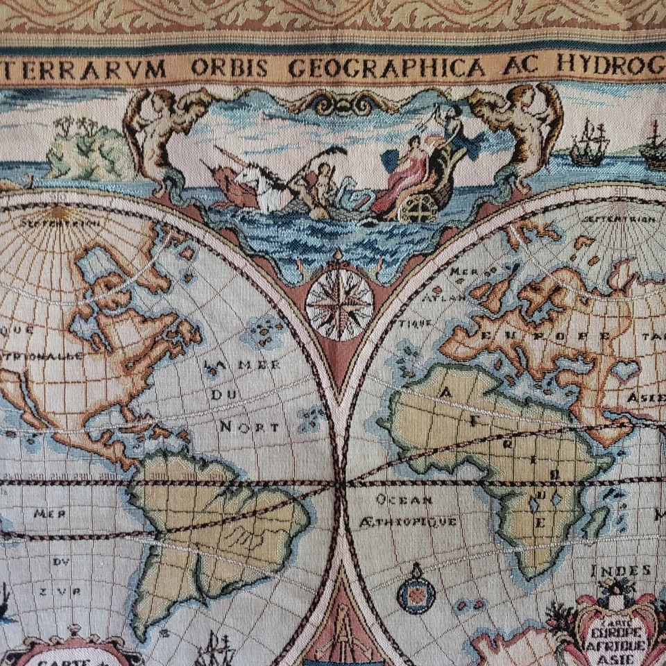 Tapiz Mapa del Mundo 42” X 32” Hecho en Francia Respaldo 100% Algodón, Bolsillo de Varilla Raro Foto 3 de 4