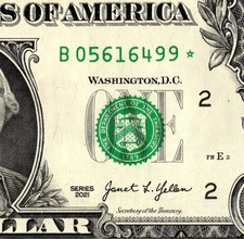 2021 B Star note  1 dollar bill Regular Run