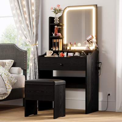 Chic Black Makeup Vanity Set with Mirror, Lights & Ample Storage Shelves
