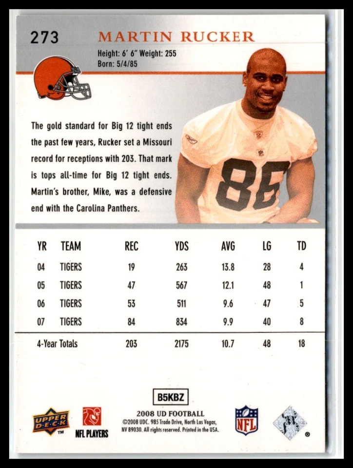 Martin Rucker 2008 Upper Deck #273 RC Rookie Cleveland Browns - Image 2 of 2