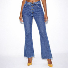70s Vintage Bell Bottom Jeans Womens 8 Flare Exposed Button Fly Dark Wash Boho