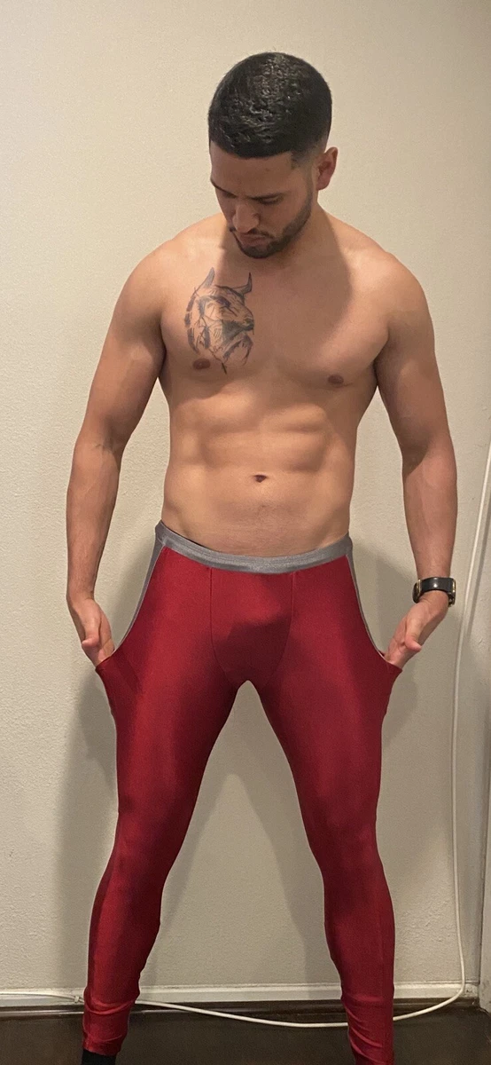 Men s Jock Skinfit Burgundy Shiny Spandex Tights Compression Pants Pockets M