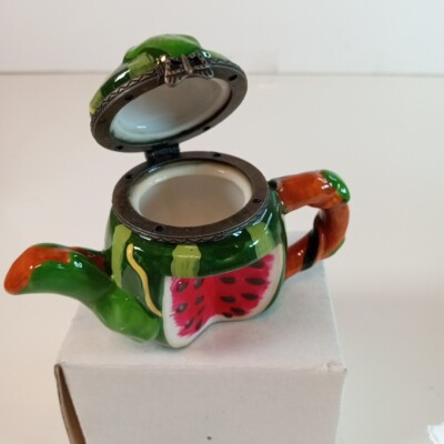 Watermelon Teapot 3'' Hinged Ceramic Trinket Box NIB NOS New Old Stock