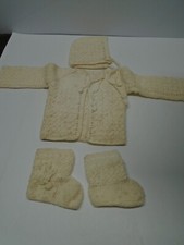 Vintage Baby Crochet Set Pink White 4 Piece Sweater Hat Booties Newborn w/flaws