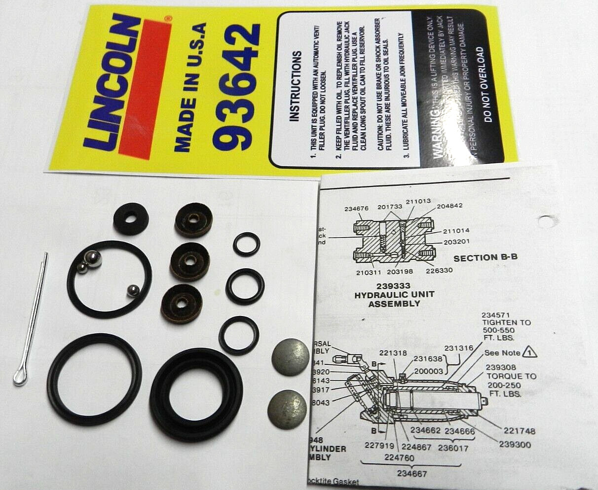 Lincoln 93642-2 ton floor Jack seal- Repair kit + 93642 Decal
