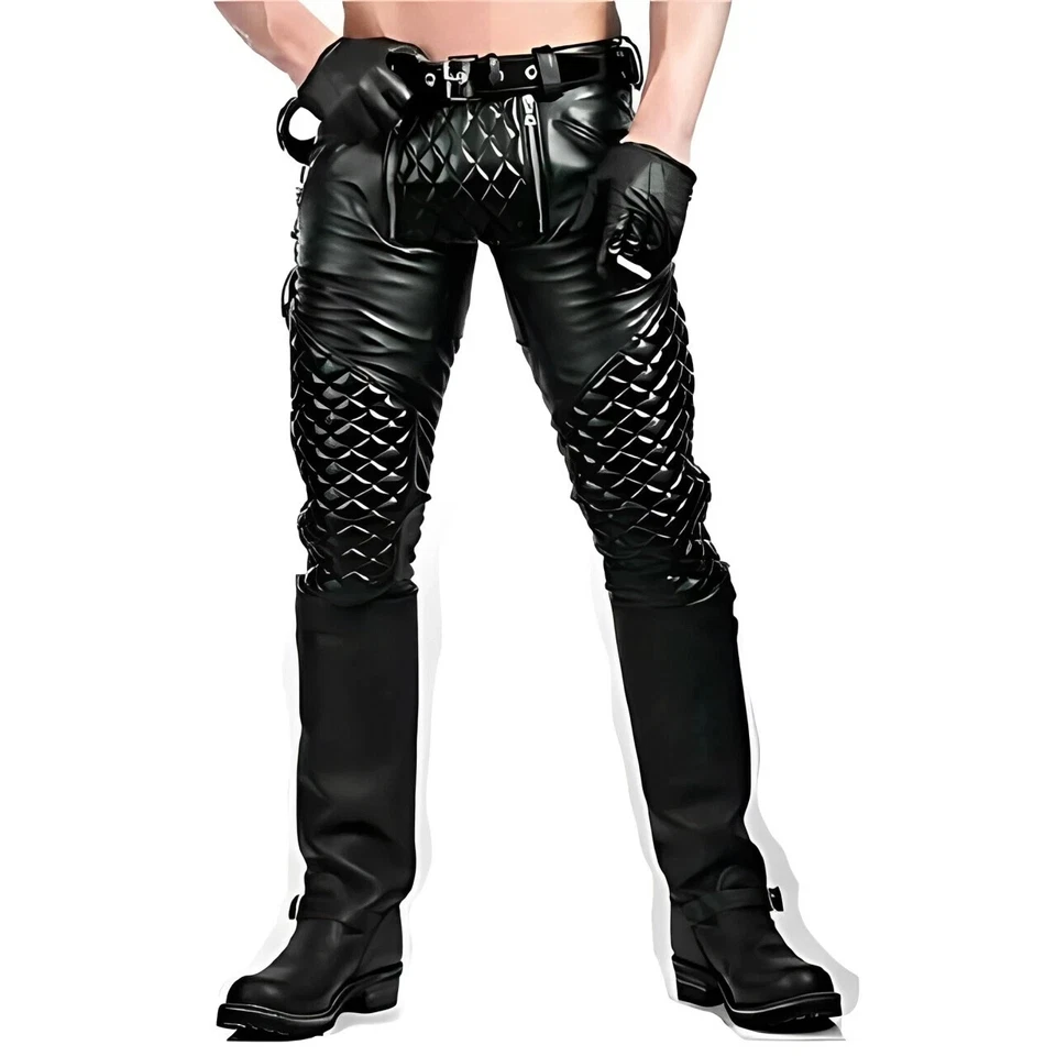 Mens Biker Jeans Real Black Leather Pants Punk Kink Motorcycle Trousers - Image 2 of 4