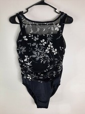 Vintage 90s 4 Small Black Bathing Swim Suit Floral One Piece USA