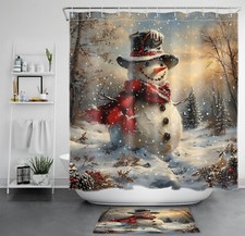 Xmas Tree and Snowman Vintage Christmas Shower Curtain Bathroom Accessories Set