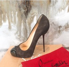 Christian Louboutin Suede Cap Toe Metalipp 120 Africa/Gun Gray Brown Heel 39.5