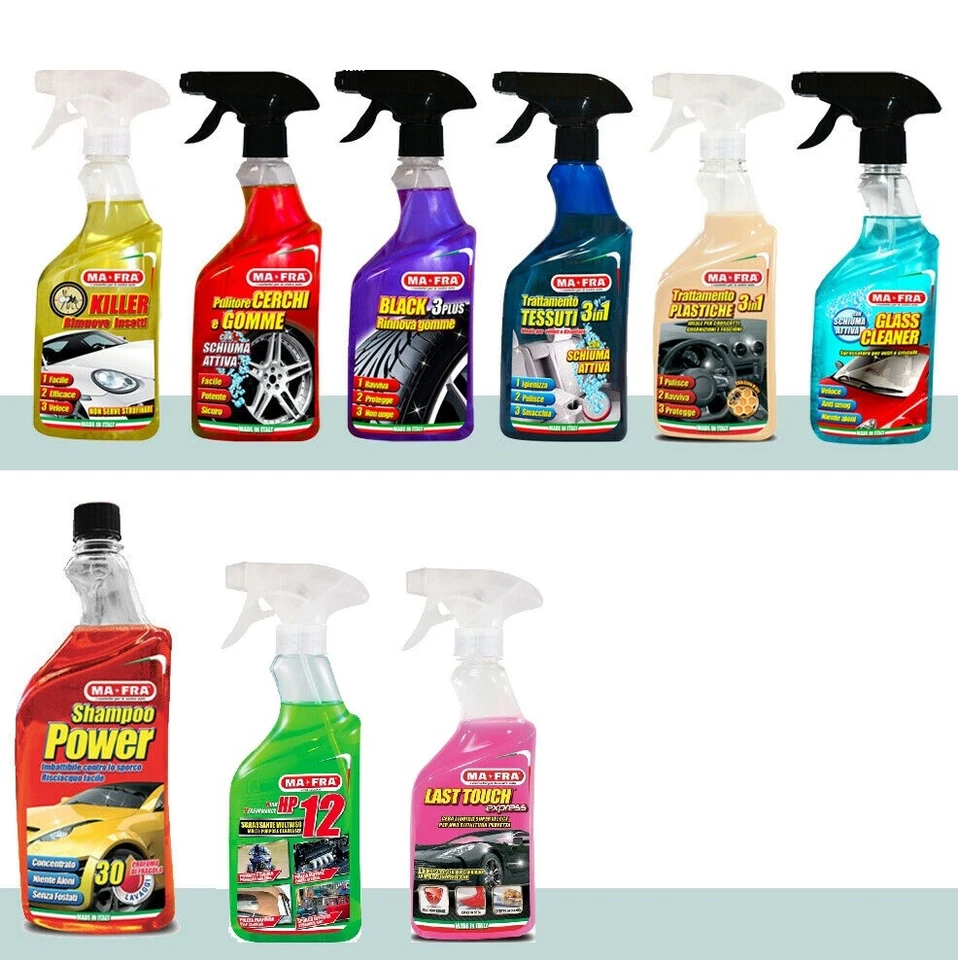 KIT PER LAVAGGIO PULIZIA INTERNI ESTERNI GLASS CRUSCOTTO AUTO PRODOTTI MA-FRA