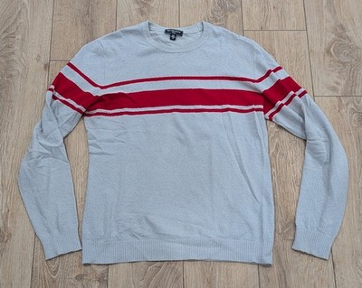 Mens Saks Fifth Avenue Striped Sweater Gray/Red Large
