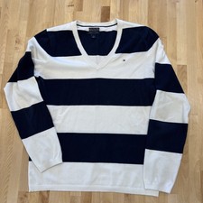 Tommy Hilfiger Sweater Women Blue White Striped Pima Cotton Soft Sz M 90s Rugby