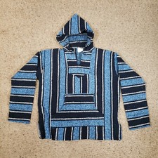 Baja Hoodie Men's Medium Blue Geometric Mexican Poncho Drug Rug Pullover Hoodie