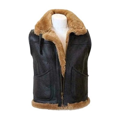 Men's RAF B3 Bomber Real Lambskin Leather Vest Shearling Style Fur Vest