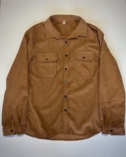 Mens Corduroy Solid Brown Button Up Brown Size L