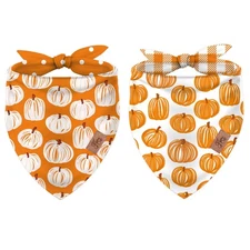 2Pcs Fall Dog Bandana Autumn Thick Line Pumpkin Triangle Pet Scarf Reversible...