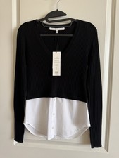 Veronica Beard Lydia Mixed Media V Neck Pullover Merino Wool Sweater Black XS