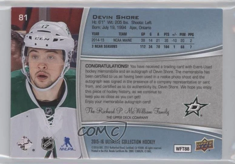 2015 Ultimate Collection Spectrum Gold /10 Devin Shore RPA Rookie Patch Auto RC - Image 2 of 2