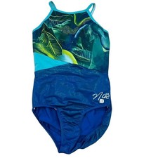 Sylvia P Nia Sparkling Blue Leaf Print Adult XS Leotard Gymnastics