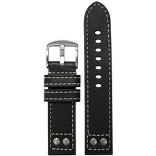 Oiled Leather Watch Band  Pilot  Brush Rivets  Flat  Black  White Stitch