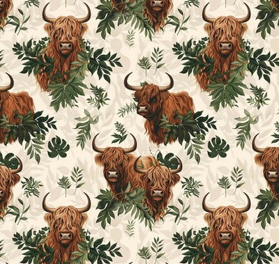 Animal Fabric | Highland Cow & Forest Leaf Beige | David Textiles YARD