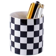 Ceramic Checkered Pen Holder For Desk Cute Stand Gold Line Pencil Cup Pot Des...