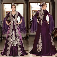 Elegant Purple Velvet Prom Dresses Flare Sleeves Gold Lace Applique Evening Gown