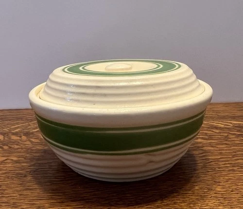 Hull Beehive Yellowware Green Stripe Casserole Dish With Lid.