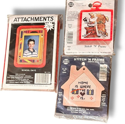 Lot of 3 NWT Cross Stitch Kits Stitch 'n Frame 232 3237 & 1 Attachments 1516 NOS