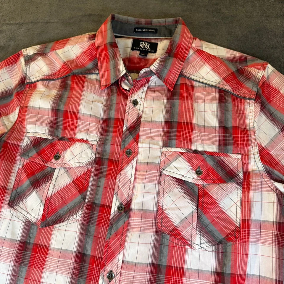 Rock & Republic Red Plaid Western Short Sleeve Button Up Casual Shirt Mens Large - Image 2 of 4