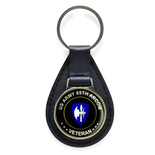 US Army 65th Arcom Veteran Black Leather Keychain Silver Keyring Military Gift