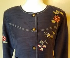 DRESSBARN WOMENS SZ SMALL BLUE COLLARLESS BLAZER FLORAL EMBROIDERY