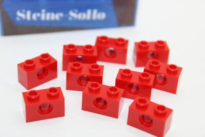 Lego (c) 10x 1x2 Stein m. Loch - 3700 - rot - red -  Technic