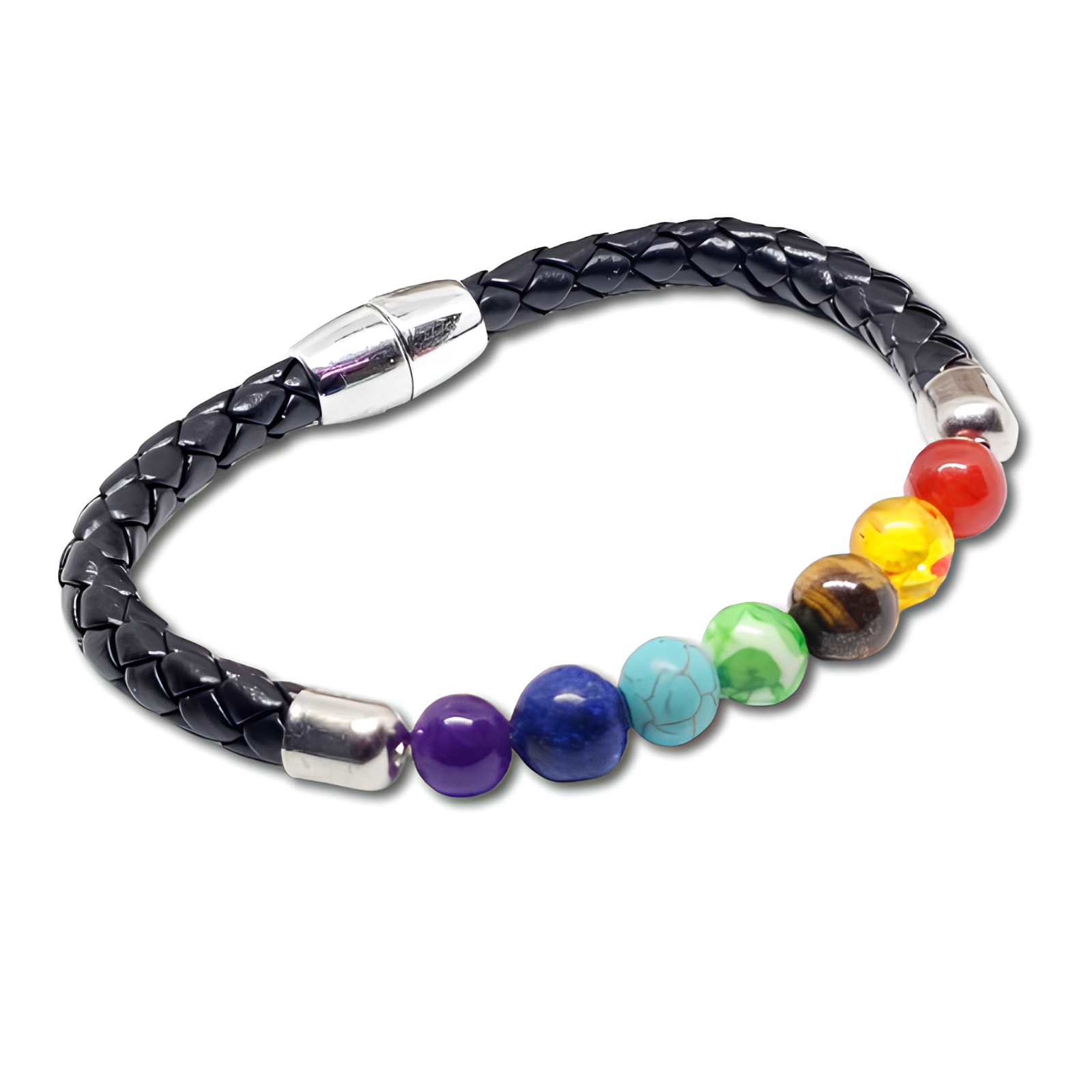 7 Chakra Bracelet Crystal Bead Gemstone Leather Magnetic Clasp Elastic Jewellery