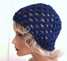 NEW NAVY SPARKLE OPEN WEAVE BEANIE HAT HAND MADE CROCHET BERET SKULL CAP