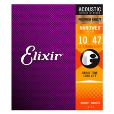 Elixir 16152 12-String Nanoweb Phosphor Bronze Guitar Strings, Light (10-47)