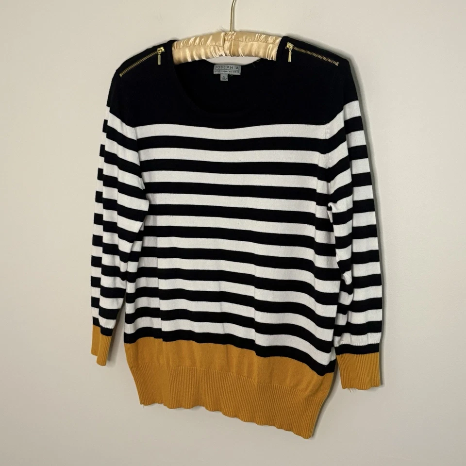 Joseph A Women Size Medium Sweater Top Black White Yellow Striped Fall Preppy A5 - Image 4 of 4