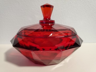 Vintage Viking Epic Ruby Red Diamond Point Candy Dish w/ Lid 