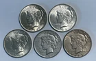 Lot of Five US $1 Silver Peace Dollars, 1922, 1923, 1923, 1926-D & 1935